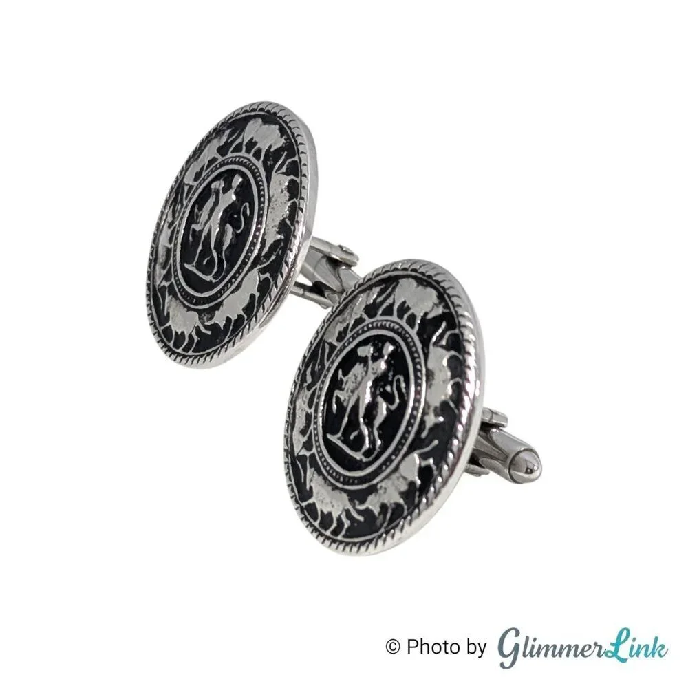 Vintage Matador Bullfighter Bull Round Black Enamel Silver Tone Cufflinks